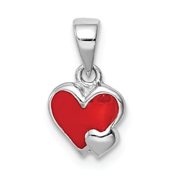 Rhodium Over Sterling Silver Red Enameled Hearts Children's Pendant