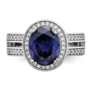 Rhodium Over Sterling Silver Polished Blue and White Cubic Zirconia Halo Ring