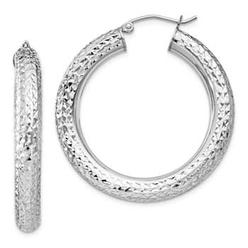 Rhodium Over Sterling Silver Diamond-cut 4.75mm Hoop Earrings