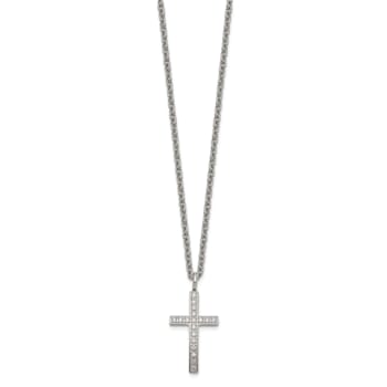 White Cubic Zirconia Stainless Steel Men's Cross Pendant With Chain