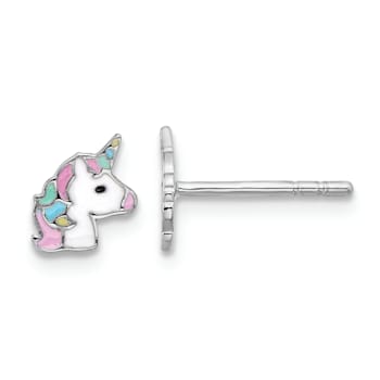 Rhodium Over Sterling Silver Enamel Unicorn Children's Post Earrings
