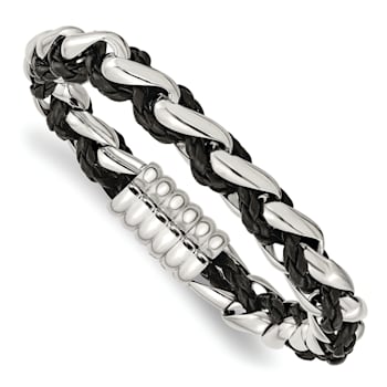 Black Leather and Stainless Steel Polished 8-inch Bracelet