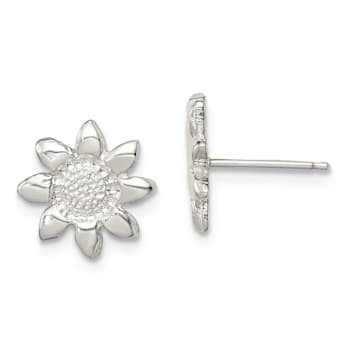 Rhodium Over Sterling Silver Polished and Textured Sunflower Post Earrings