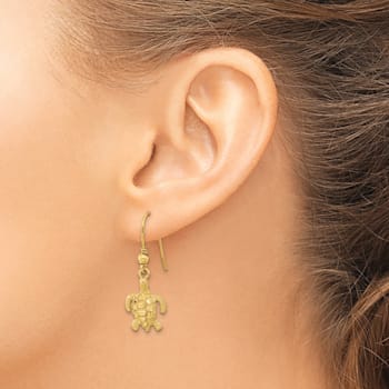 14k Yellow Gold Polished, Textured and Diamond-Cut Turtle Dangle Earrings