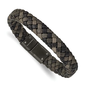 Brown Leather and Stainless Steel Brushed Gun Metal IP-plated 8.25-inch Bracelet