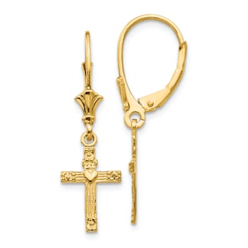 14k Yellow Gold Mini Cross with Heart Dangle Earrings