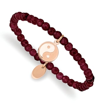 Rose Stainless Steel Polished and Satin Yin Yang Red Jade Stretch Bracelet