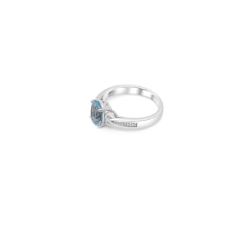 9x7mm Oval Aquamarine and White CZ Rhoidum Over Sterling Silver Ring, 1.53ctw