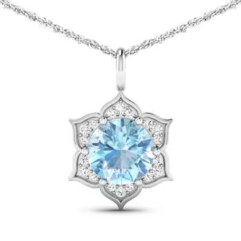 1.90ctw 14K White Gold Aquamarine and White Diamond Pendant with 18 inch
Cable Chain