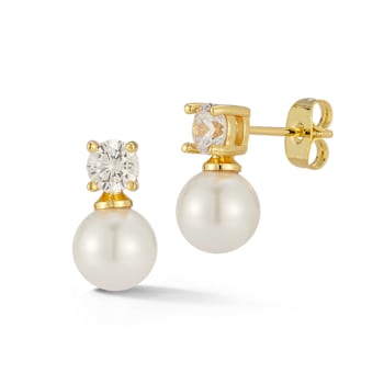 Rachel Zoe Simulated Pearl and CZ Drop Earrings in 14K Gold Over Brass