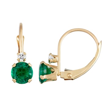 Lab Created Emerald and White Zircon 10K Yellow Gold Dangle Earrings 0.78ctw