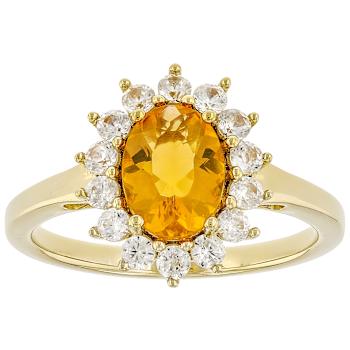 Fire Opal And White Zircon Ring In 18K Gold Over Sterling Silver 0.96ctw