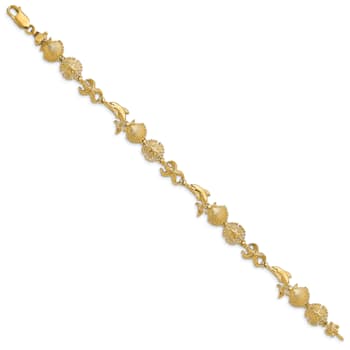 14k Yellow Gold Textured Dolphin and Sea Shell Links Bracelet