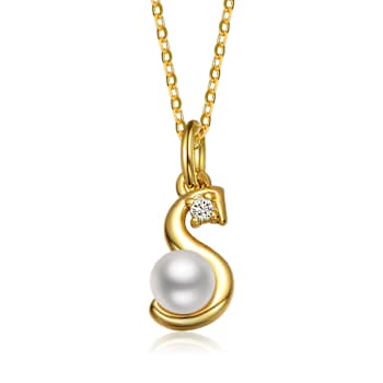 Initial S White Pearl And Pear Shape CZ Pendant Necklace In 14K Gold
Over Brass