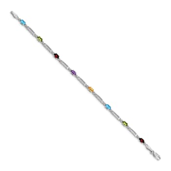 Rhodium Over 14k White Gold Multi-gemstone and Diamond Rainbow Bracelet