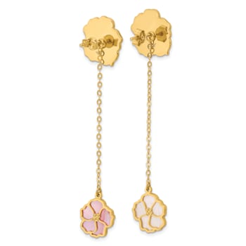 14K Yellow Gold Pink and White MOP Flower Dangle Post Earrings