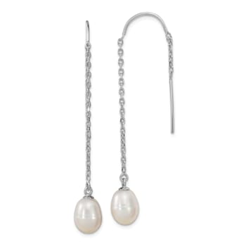 Rhodium Over Sterling Silver  7-8mm Freshwater Cultured Pearl Threader Earrings
