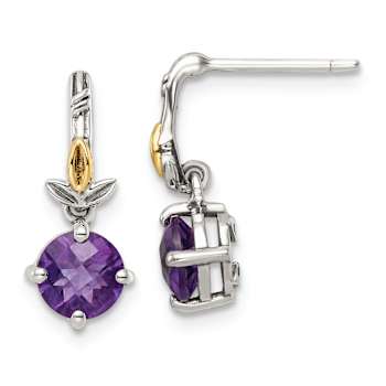 Sterling Silver Antiqued with 14K Accent Leaf Amethyst Dangle Post Earrings