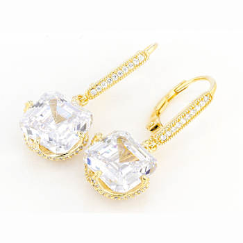 CZ Asscher Cut Dangle Earrings In 18K Gold Over Sterling Silver 17.42ctw