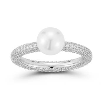 Rachel Zoe Freshwater Pearl Solitaire Pave Band Ring in Rhodium Over
Sterling Silver