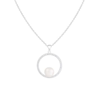 8-9mm White Cultured Freshwater Pearl Sterling Silver Pendant W/Chain