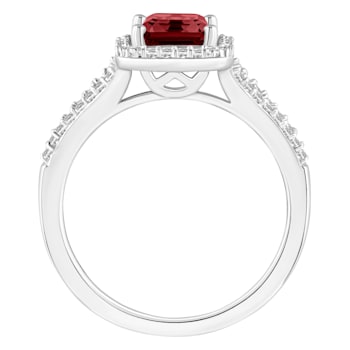 8x6mm Emerald Cut Garnet 1/4 ctw Diamond Rhodium Over Sterling Silver
Halo Ring