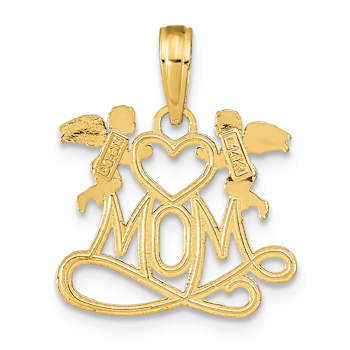 14k Yellow Gold Polished and Textured Mom with Heart and Angels Pendant