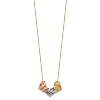 14K Tri-color Polished Hearts 17-inch with 1-inch Extension Necklace