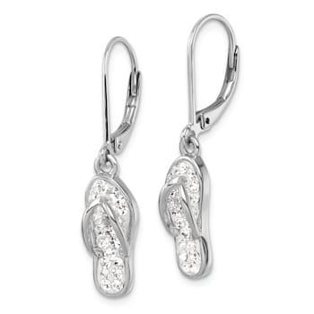 Rhodium Over Sterling Silver Polished White Crystal Flip Flop Dangle Earrings