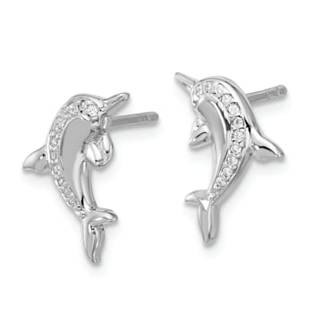 Rhodium Over Sterling Silver Polished Cubic Zirconia Dolphin Post Earrings