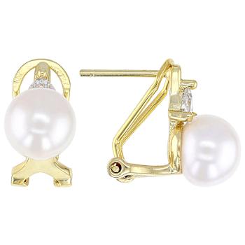 Freshwater Pearl And CZ Halo Stud Earrings In 18K Gold Over Sterling Silver