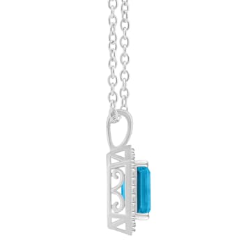 8x6mm Emerald Cut Blue Topaz 1/7 ctw Diamond Rhodium Over Sterling
Silver Halo Pendant with Chain