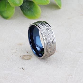 MARINER Titanium Milgrain Engraved Finish Men 's Wedding Ring with Blue
Plating Inside 8mm