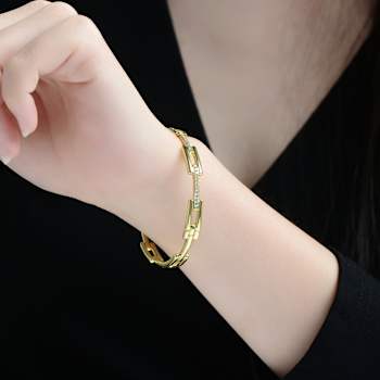 CZ Pave Rectangular Link Bracelet In 14K Gold Over Brass
