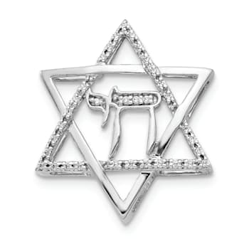 Rhodium Over 14k White Gold Diamond Star of David with Chai Chain Slide Pendant