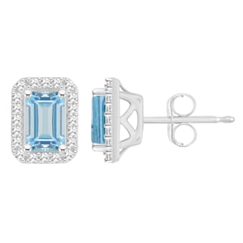 6x4mm Emerald Cut Aquamarine 1/5 ctw Diamond Rhodium Over Sterling
Silver Halo Stud Earrings