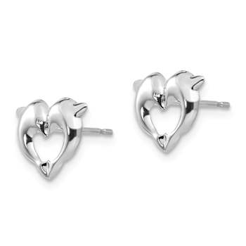 Rhodium Over 14k White Gold Children's Dolphins in Heart Shaped Stud Earrings