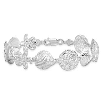 Rhodium Over Sterling Silver Polished Turtle, Shell, Starfish, Clam Bracelet