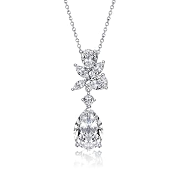 Pear Shape CZ Cluster Pendant Necklace In White Gold Over Brass