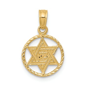 14k Yellow Gold Textured Star of David in Circle Frame Pendant