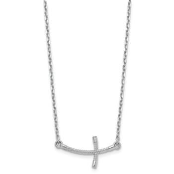 Rhodium Over 14K White Gold Small Sideways Curved Twist Cross Necklace