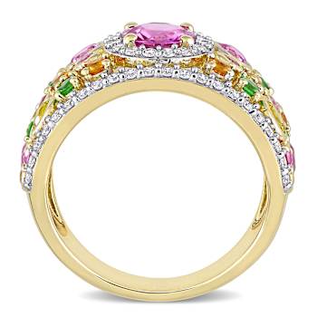 Pink, Orange Sapphire, Tsavorite and Diamond 14K Yellow Gold Ring 3.07ctw