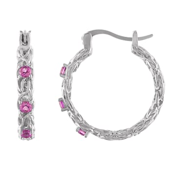 Sterling Silver Lab Created Pink Sapphire Byzantine Hoop Earrings .4ctw
