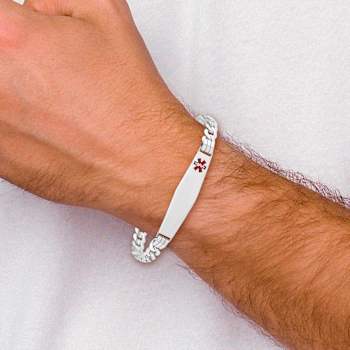 Rhodium Over 14k White Gold Medical Soft Diamond Shape Red Enamel Flat
Curb Link ID Bracelet
