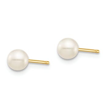 14K Yellow Gold 4-5mm White Round Freshwater Cultured Pearl Stud Post Earrings