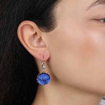 14k Gold Dipped Round Blue Ribbed Crystal Leverback Earring