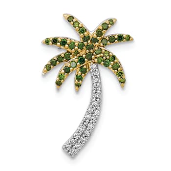 14K Two-tone Gold  White and Green Diamond Palm Tree Chain Slide Pendant