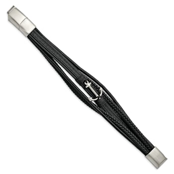 Black Leather and Stainless Steel Polished Anchor Genuine PU with
0.5-inch Extension Bracelet