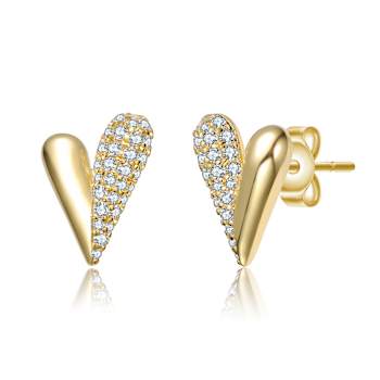 Pave CZ Heart Stud Earrings In 14K Gold Over Brass
