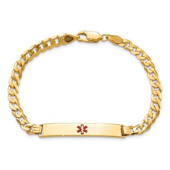 14k Yellow Gold Medical Red Enamel Flat Curb Link ID Bracelet